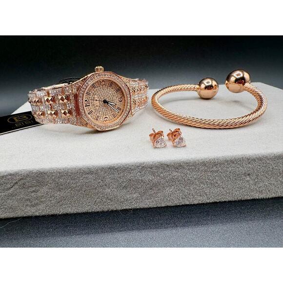 BiBi Luxury Watches Jewelry - Stunning Rose Gold Iced-Out Watch, Earrings, Bracelet Bundle